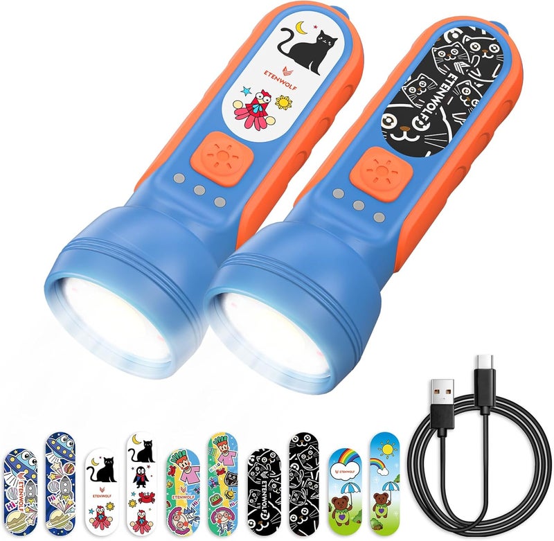 ETENWOLF L1 Rechargeable Flashlight for Kids(2-Pack),LED Flashlight with Fun DIY Stickers, 6 Light Modes, Adjustable Brightness, 1500mAh, IPX5 Waterproof Flashlight for Camping, Home & Emergency - Image 1